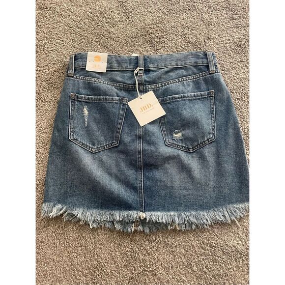 NEW JBD just black denim distressed button front jean skirt with fringed edges - Picture 2 of 3